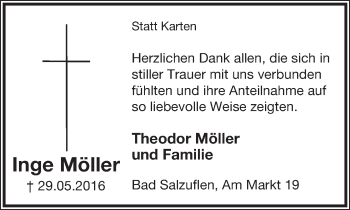 Anzeige  Inge Möller  Lippische Landes-Zeitung