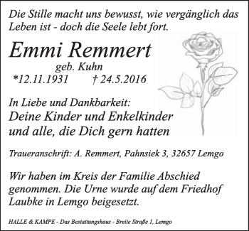 Anzeige  Emmi Remmert  Lippische Landes-Zeitung