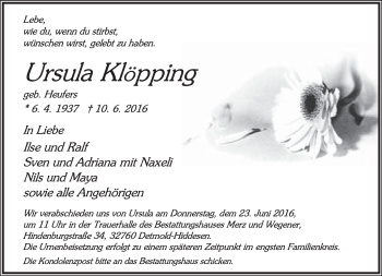 Anzeige  Ursula Klöpping  Lippische Landes-Zeitung