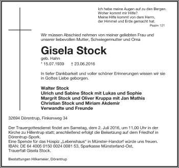 Anzeige  Gisela Stock  Lippische Landes-Zeitung
