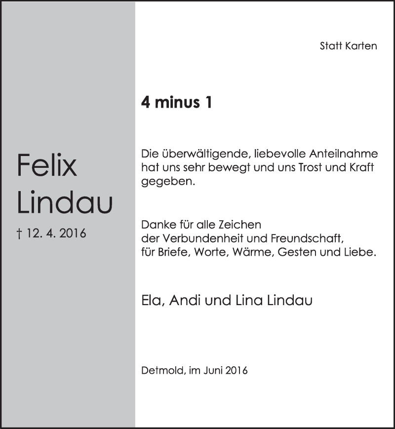  Traueranzeige für Felix Lindau vom 04.06.2016 aus Lippische Landes-Zeitung