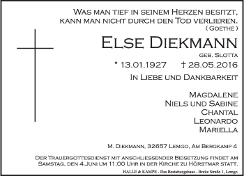 Anzeige  Else Diekmann  Lippische Landes-Zeitung