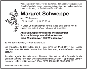Anzeige  Margret Schweppe  Lippische Landes-Zeitung