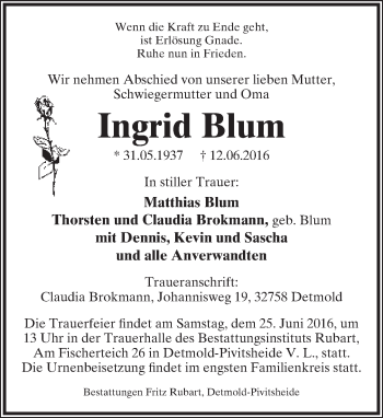 Anzeige  Ingrid Blum  Lippische Landes-Zeitung