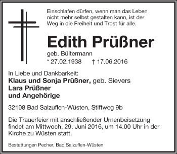 Anzeige  Edith Prüßner  Lippische Landes-Zeitung