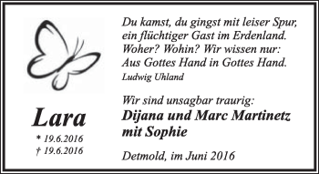 Anzeige  Lara   Lippische Landes-Zeitung