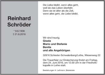 Anzeige  Reinhard Schröder  Lippische Landes-Zeitung
