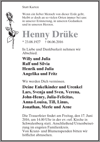 Anzeige  Henny Drüke  Lippische Landes-Zeitung