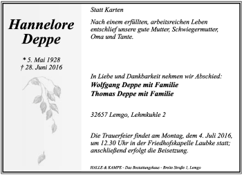 Anzeige  Hannelore Deppe  Lippische Landes-Zeitung