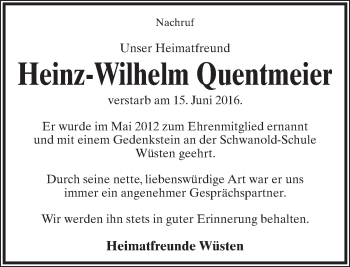 Anzeige  Heinz-Wilhelm Quentmeier  Lippische Landes-Zeitung