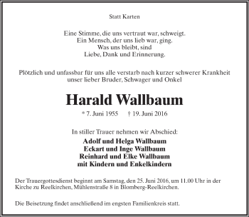 Anzeige  Harald Wallbaum  Lippische Landes-Zeitung
