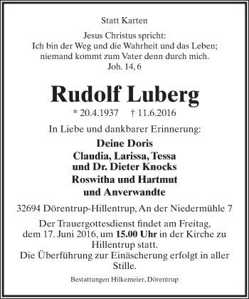 Anzeige  Rudolf Luberg  Lippische Landes-Zeitung
