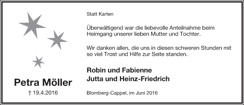  Traueranzeige für Petra Möller vom 04.06.2016 aus Lippische Landes-Zeitung