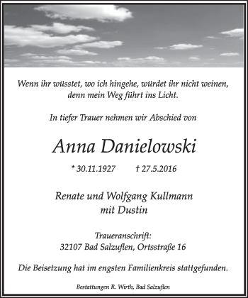 Anzeige  Anna Danielowski  Lippische Landes-Zeitung