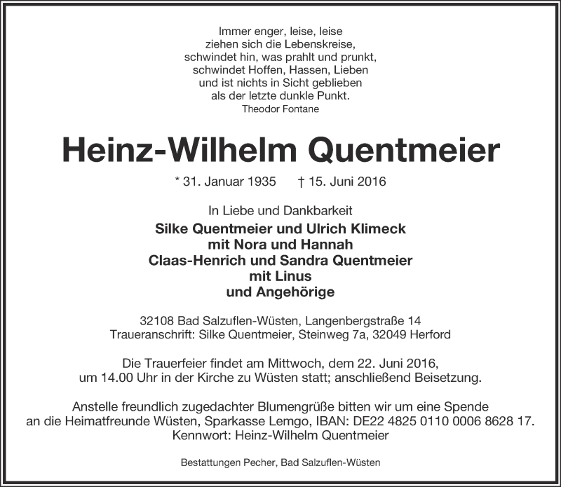  Traueranzeige für Heinz-Wilhelm Quentmeier vom 18.06.2016 aus Lippische Landes-Zeitung