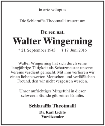 Anzeige  Walter Wingerning  Lippische Landes-Zeitung
