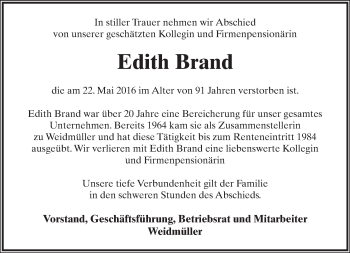 Anzeige  Edith Brand  Lippische Landes-Zeitung