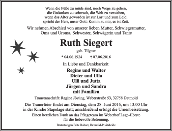 Anzeige  Ruth Siegert  Lippische Landes-Zeitung