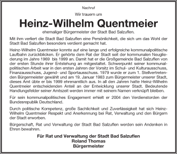 Anzeige  Heinz-Wilhelm Quentmeier  Lippische Landes-Zeitung