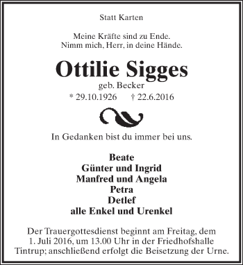 Anzeige  Ottilie Sigges  Lippische Landes-Zeitung