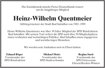 Anzeige  Heinz-Wilhelm Quentmeier  Lippische Landes-Zeitung