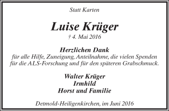 Anzeige  Luise Krüger  Lippische Landes-Zeitung