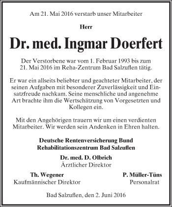 Anzeige  Ingmar Doerfert  Lippische Landes-Zeitung