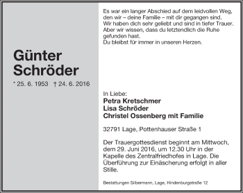 Anzeige  Günter Schröder  Lippische Landes-Zeitung