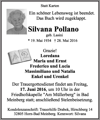 Anzeige  Silvana Pollano  Lippische Landes-Zeitung
