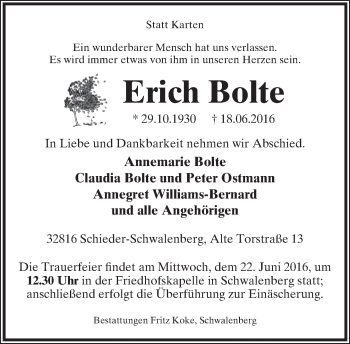 Anzeige  Erich Bolte  Lippische Landes-Zeitung