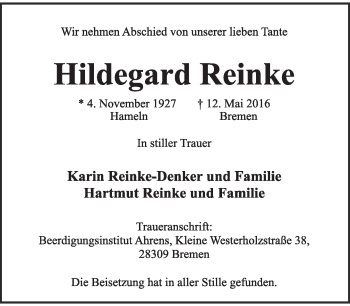 Anzeige  Hildegard Reinke  Lippische Landes-Zeitung