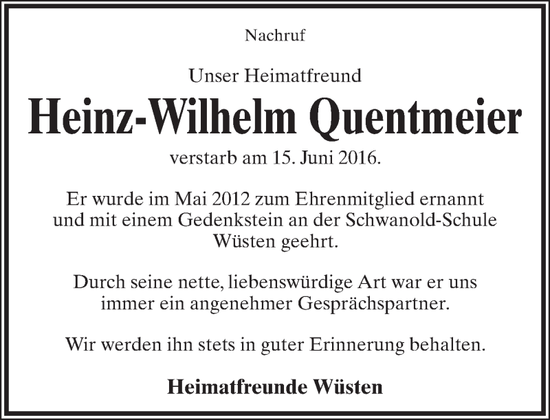 Traueranzeige für Heinz-Wilhelm Quentmeier vom 18.06.2016 aus Lippische Landes-Zeitung