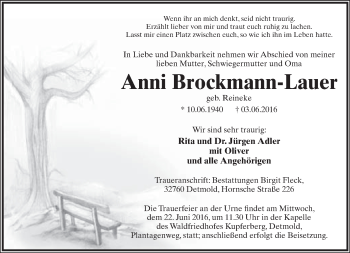 Anzeige  Anni Brockmann-Lauer  Lippische Landes-Zeitung
