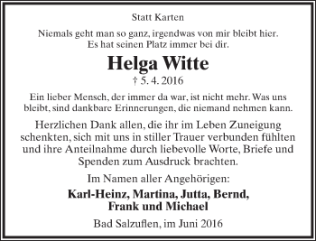 Anzeige  Helga Witte  Lippische Landes-Zeitung