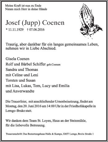 Anzeige  Josef Coenen  Lippische Landes-Zeitung
