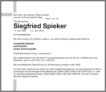 Anzeige  Siegfried Spieker  Lippische Landes-Zeitung
