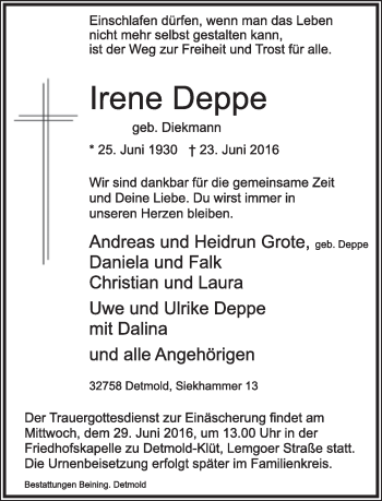 Anzeige  Irene Deppe  Lippische Landes-Zeitung