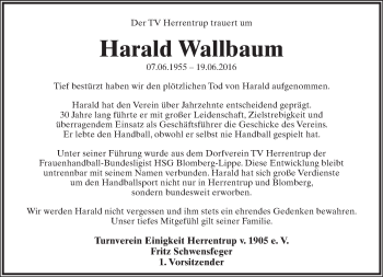 Anzeige  Harald Wallbaum  Lippische Landes-Zeitung