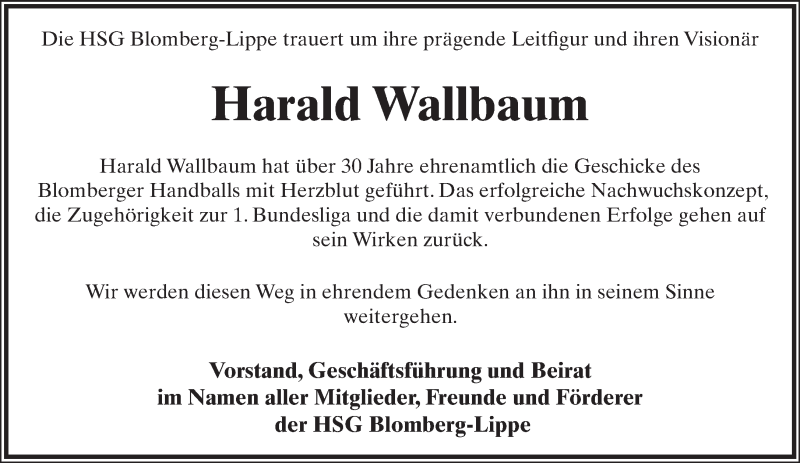  Traueranzeige für Harald Wallbaum vom 25.06.2016 aus Lippische Landes-Zeitung
