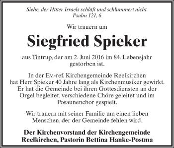 Anzeige  Siegfried Spieker  Lippische Landes-Zeitung