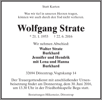 Anzeige  Wolfgang Strate  Lippische Landes-Zeitung