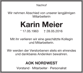 Anzeige  Karin Meier  Lippische Landes-Zeitung