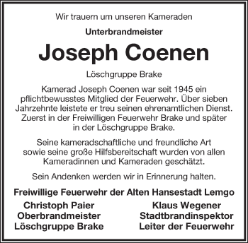 Anzeige  Joseph Coenen  Lippische Landes-Zeitung