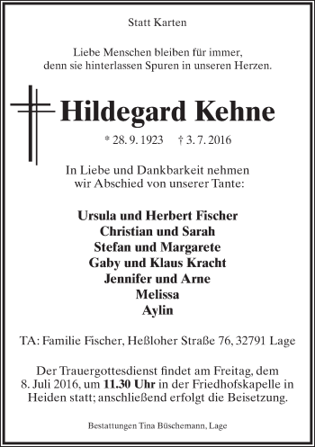 Anzeige  Hildegard Kehne  Lippische Landes-Zeitung