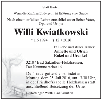 Anzeige  Willi Kwiatkowski  Lippische Landes-Zeitung