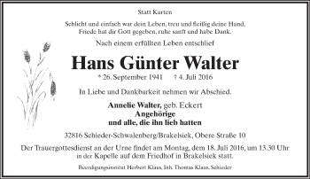 Anzeige  Hans Günter Walter  Lippische Landes-Zeitung