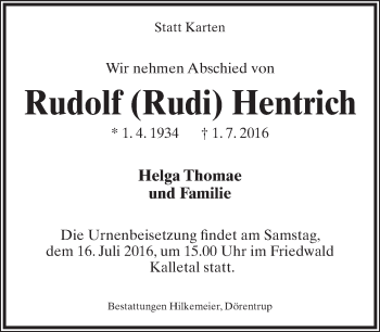 Anzeige  Rudolf Hentrich  Lippische Landes-Zeitung