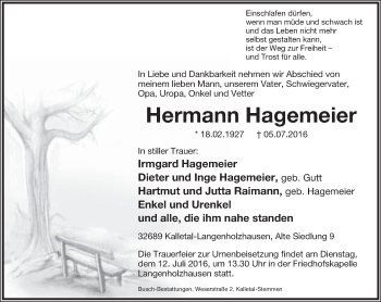 Anzeige  Hermann Hagemeier  Lippische Landes-Zeitung