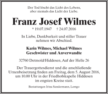 Anzeige  Franz Josef Wilmes  Lippische Landes-Zeitung