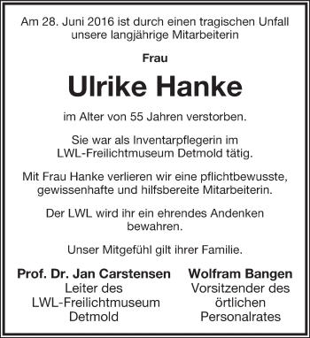 Anzeige  Ulrike Hanke  Lippische Landes-Zeitung